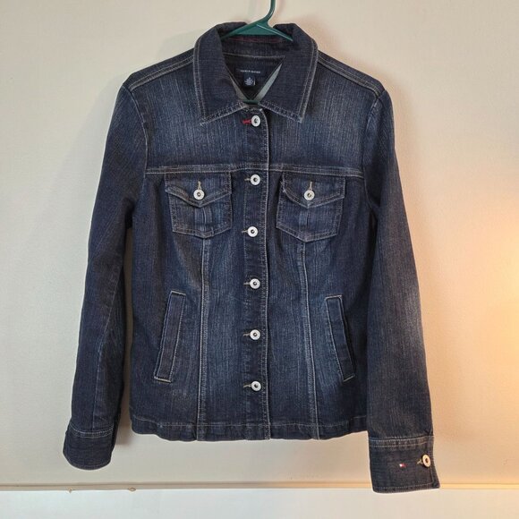 Tommy Hilfiger Womens Stretch Denim Jean Jacket Dark Wash Size Medium - Picture 1 of 8